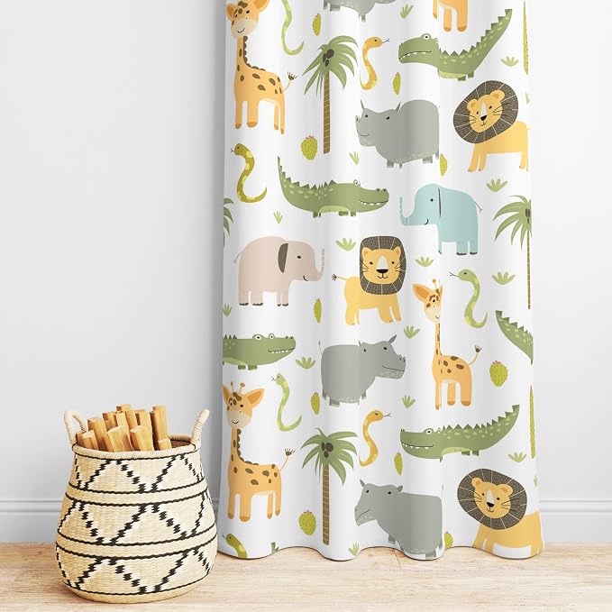 Nursery Safari Animals Curtains, Baby Boy Girl Kids Woodland Jungle Forest Lion Elephant Printed Curtains for Living Room Bedroom Window Drapes 2 Panel Sets72x63 Inch