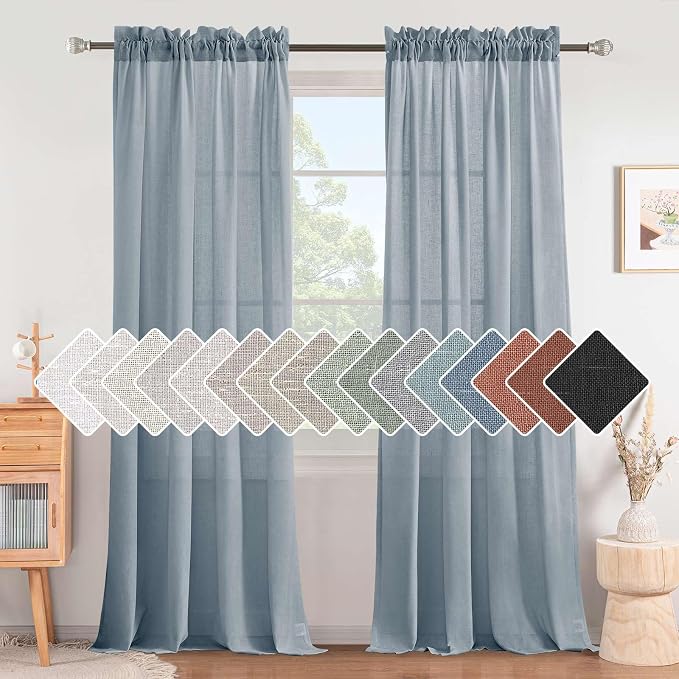 Linen Curtains Elegant Natural Linen Blended Curtains Energy Efficient Light Filtering / Rod Pocket Window Treatments Panels / Drapes for Livingroom (Set of 2, Stone Blue, 52 inch W X 108 inch L)
