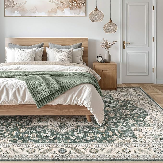 Vintage Living Room Area Rug 6x9 - Large Soft Washable Oriental Traditional Distressed Farmhouse Rugs for Bedroom - Indoor Floor Accent Carpet for Home Office House Decor - Vintage Green