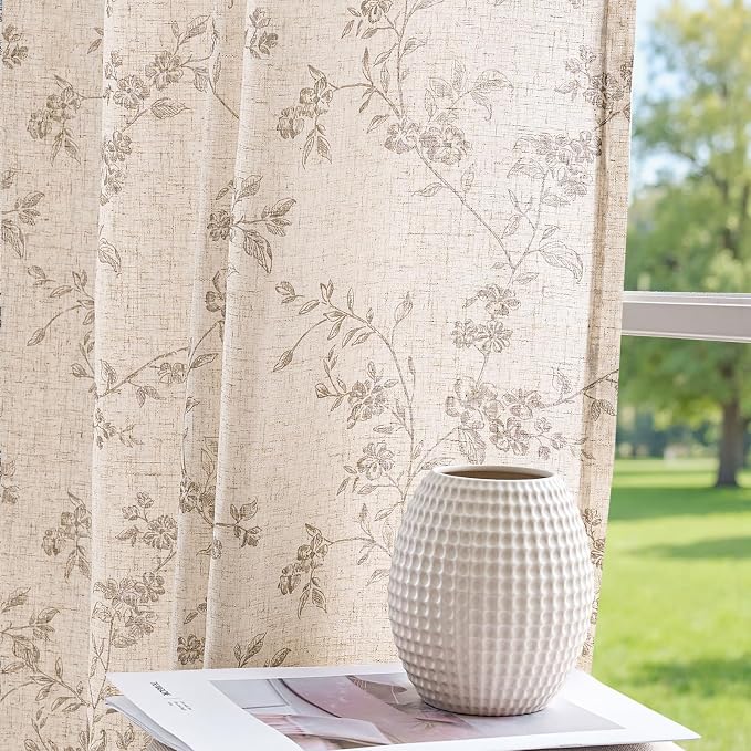 jinchan Taupe Floral Linen Curtains 63 Inch Flower Drapes Back Tab 2 Panels | Taupe on beige, light filtering, farmhouse, country, rustic, bedroom, living room, kitchen, window treatment, home decor