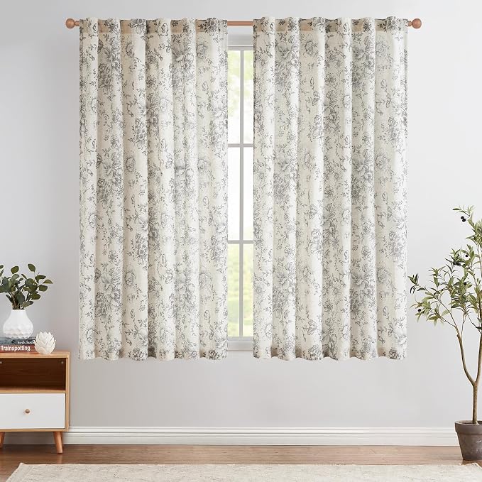 jinchan Linen Blend Curtain Floral Curtains for Living Room 45 Inch Length Grey Printed Curtain Rod Pocket Back Tab Farmhouse Peony Flower Patterned Drapes Bedroom Window Curtains Set 2 Panels
