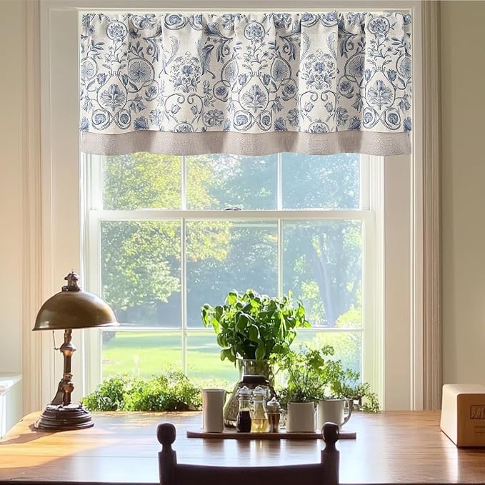 jinchan Linen Valance Kitchen Curtain for Windows Double Layer 16 Inch for Living Room Bedroom Window Treatment Light Filtering Vintage Rustic Farmhouse Cottagecore Rod Pocket 1 Panel Blue on Beige