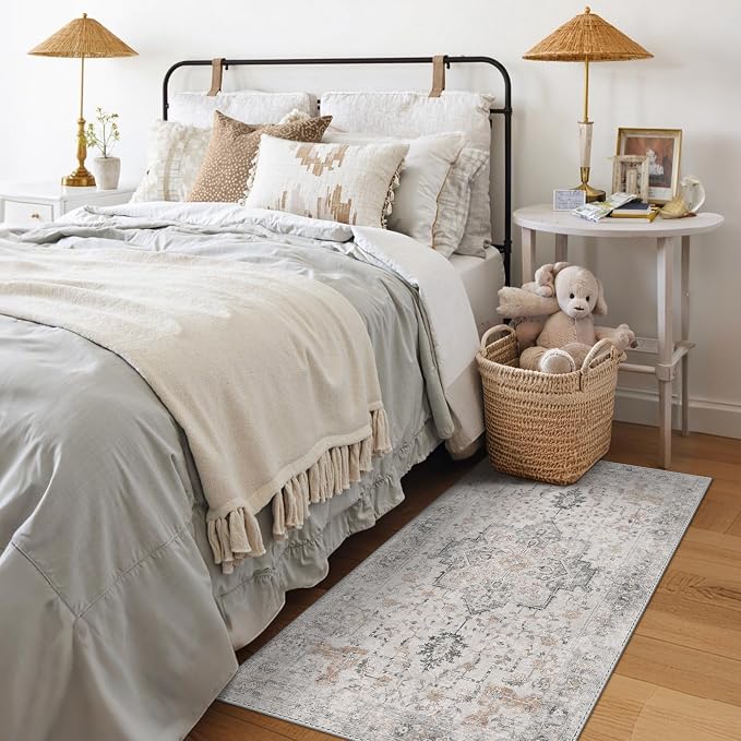 GENIMO 3x4 Area Rugs for Living Room, Machine Washable Rug, Non Slip Indoor Vintage Rug, Low Pile Lightweight Print Carpet for Bedroom Dining Room Home Office, Light Taupe Brown