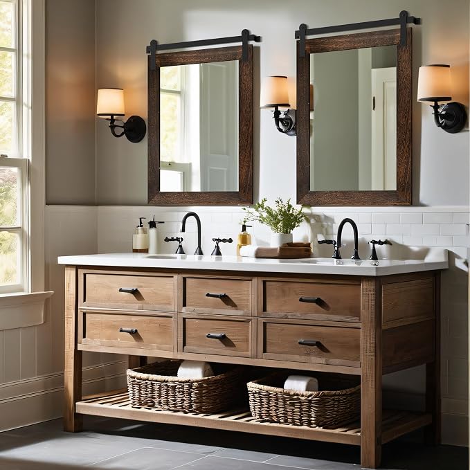 COGOOD Farmhouse Barn Door Mirror - 22" x 30" Rustic Wood Framed Wall Mirror for Bathroom, Living Room, Entryway Wall Decor (Black Brown)