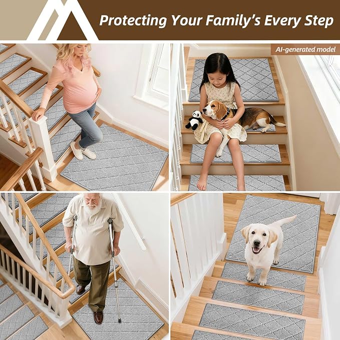 COSY HOMEER Edging Stair Treads Non-Slip Corner Indoor Stair Runners for Wooden Steps,Landing Slip Resistant Stair Rugs Mat for Kids and Dogs,100% Polyester TPE Backing,Grey,30x30 inch