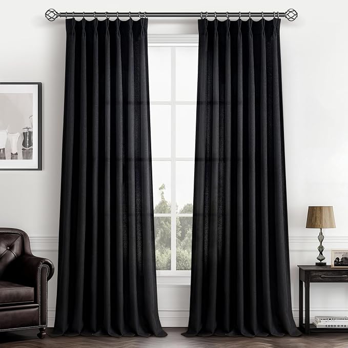 PleatedDrapes Light Filtering Black Linen 90 Inch Curtains for Sliding Glass Doors, Pinch Pleat Semi Sheer Nursery/Kids Room Curtain Decorative Privacy Back Tab Ceiling Track Window Drapes 7-1/2 FT