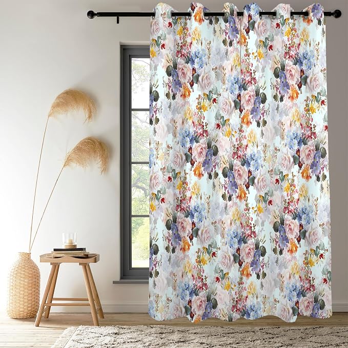 Renaiss Rustic Flower Window Curtains Watercolor Florals Painted for Living Room Decor Thermal Insulated Blackout Curtains for Bedroom Window Treatment & Drapes Grommet 53W x 63L Inch 2 Panel Set