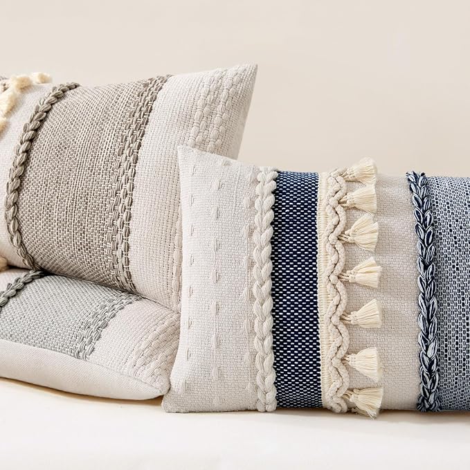 Kevin Textile 12x20 Inch Lumbar Throw Pillow Cover 1 Pack Boho Decorative Cotton Thread Woven Textured Tassel Rustic Farmhouse Rectangle Cushion Cover for Couch Sofa Chair Bed, Blue