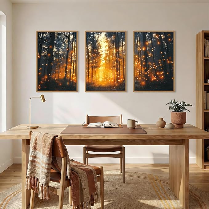 Magical Firefly Forest Framed Canvas Wall Art Set,Enchanted Night Nature Mystical Woodland Wall Decor,Whimsical Orange Twinkling Black Tree Art Print for Living Room, Bedroom, Office- 24"x36"x3