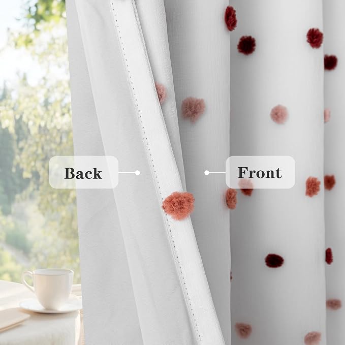 MEETSKY 100% Blackout Curtains for Girls Bedroom 84 Inch Long Total Light Blocking Colorful Red and White Curtains for Kids 2 Panels Room Darkening Grommet Window Drapes with Pom Pom Sheer 52W x 84L