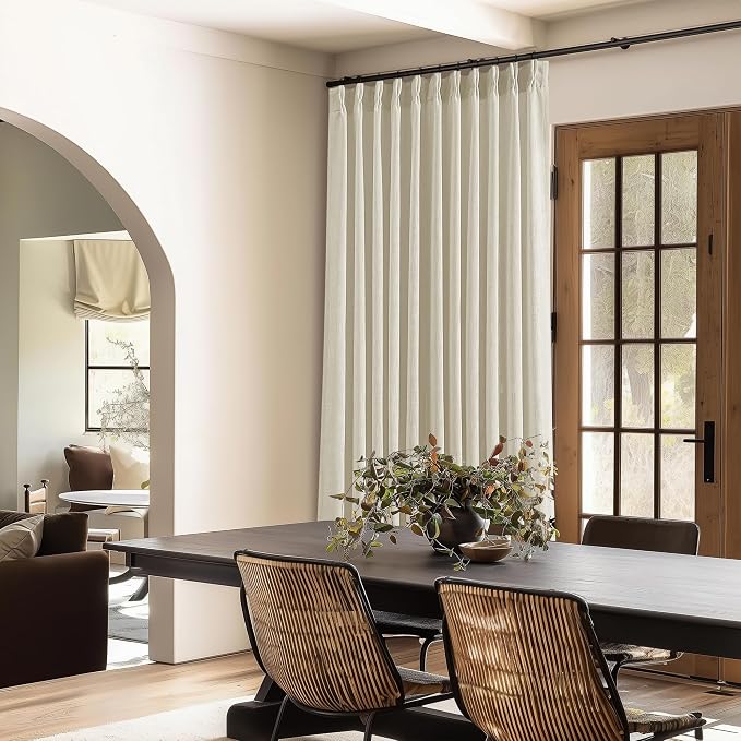 TWODRAPES Pinch Pleated Extra Wide Curtain Panels 90 Inches Long 70 Wide Linen Curtain for Patio Sliding Glass Door Beige Hooks Rings Semi Sheer Privacy 90 Inch Length for Living Room 70x90 1 Panel