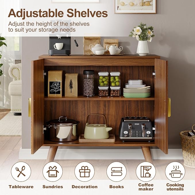 Sideboard Buffet Cabinet with Storage, Line-Grooved Storage Cabinet, Walnut | Accent Cabinet with Doors and Adjustable Shelf for Kitchen Dining Living Room Hallway‌ Entryway