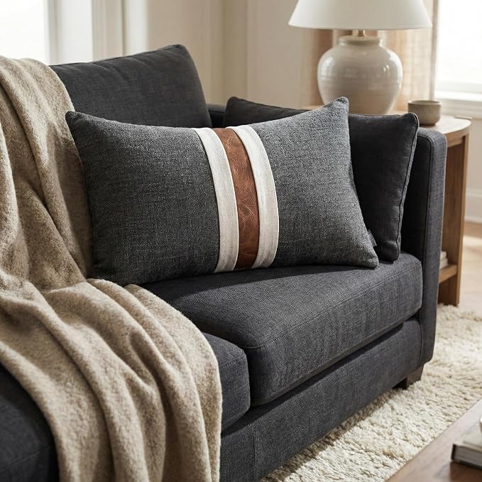 Set of 2 Leather Throw Pillow Covers Lumbar Cotton Linen Decor Patchwork Pillow Cover Faux Leather Pillows Cover for Couch Sofa Living Room Bedroom,Black 12"x20"