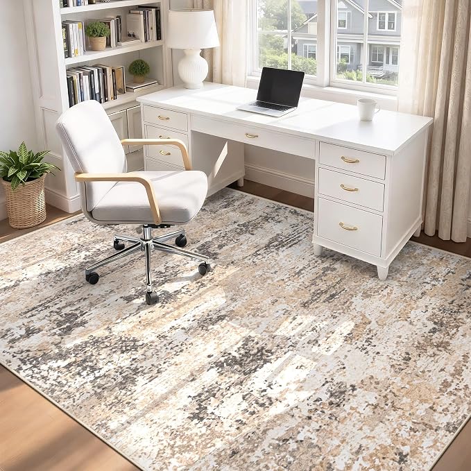 6x9 Area Rugs for Living Room: Washable Abstract Neutral Rug Modern Soft Non Slip Low Pile Rugs Floor Indoor Stain Resistant Carpet for Bedroom Dining Room Nursery Home Office (Light Brown, 6'x9')