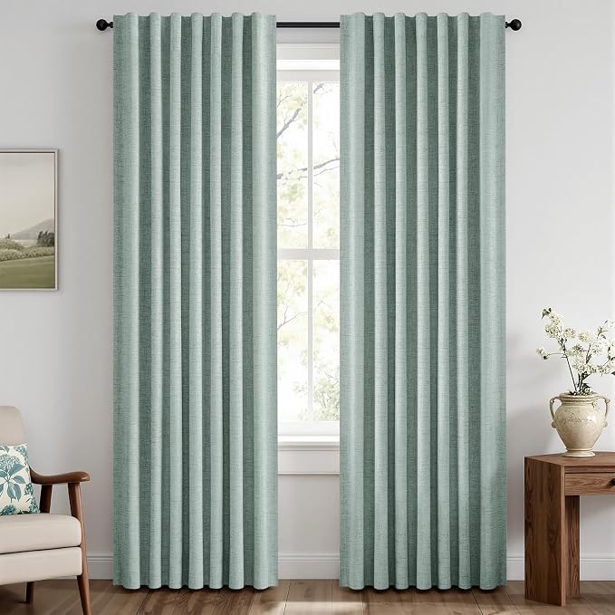 MIULEE 100% Blackout Linen Curtains for Bedroom, Seafoam Green Solid Luxury Decor Thermal Insulation Room Darkening Drapes for Living Room Back Tab Rod Pocket 42 x 84 Inches, 2 Panels