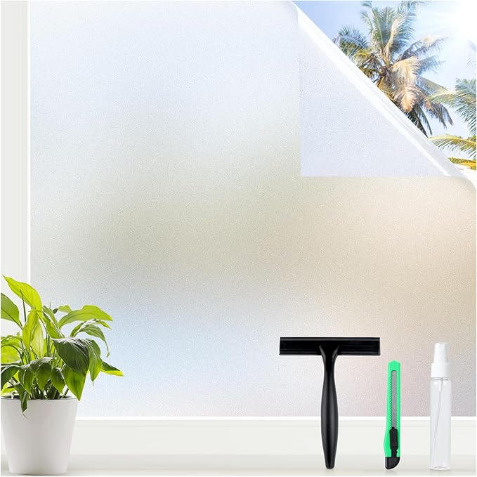 rabbitgoo Window Privacy Film for Glass Windows with Kit Decorative Clings UV Blocking Heat Control Static Cling Removable Bathroom Bedroom Door Home Coverings Pure, 23.6 x 118.1 inches
