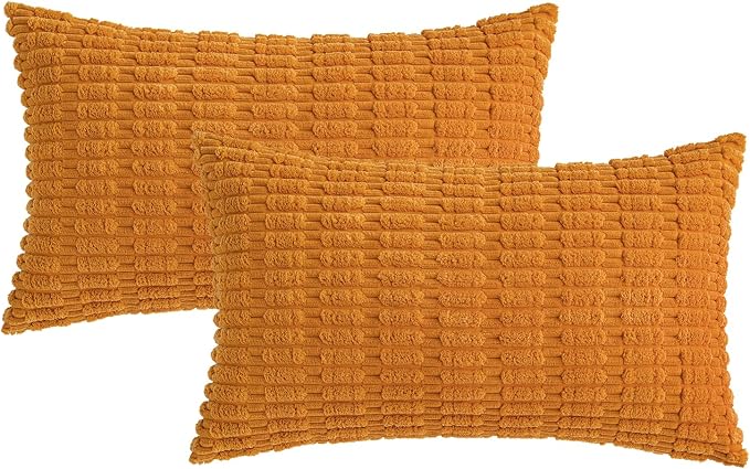 MIULEE Fall Pack of 2 Burnt Orange Corduroy Decorative Lumbar Pillow Covers 20x12 Inch Soft Boho Striped Throw Pillow Covers Modern Farmhouse Home Decor for Sofa Living Room Couch Bed