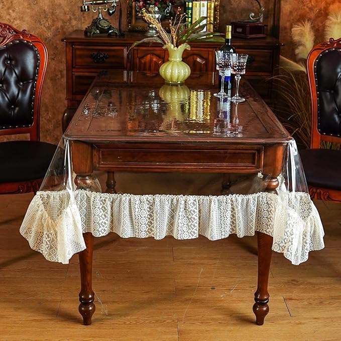 SUTAVIA Clear PVC Tablecloth Lace Ruffle Edge Transparent Oilproof Rectangular Table Protector for Dining Table Kitchen Home Party Outdoor Picnic (Cream Ruffle, Oblong, 60"x84")