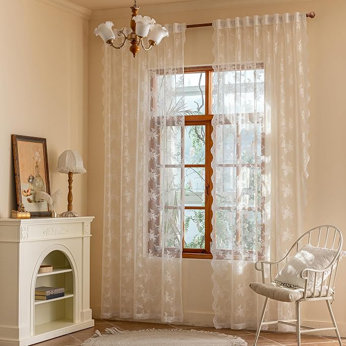 MEETSKY White Lace Sheer Curtains 72 Inch Length Vintage Victorian French Country Floral Light Filtering Rod Pocket Window Treatments for Living Room Bedroom, 50" Wide Each Panel, 2 Panels