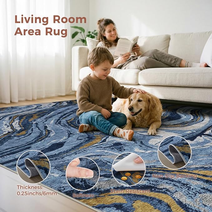 DMOYEST 10x12 Area Rug for Living Room - Washable Neutral Modern Abstract Rugs Soft Non-Slip Carpet Low Pile Indoor Floor Mat for Bedroom & Dining Room Decor for Families with Kids and Pet- Dark Blue