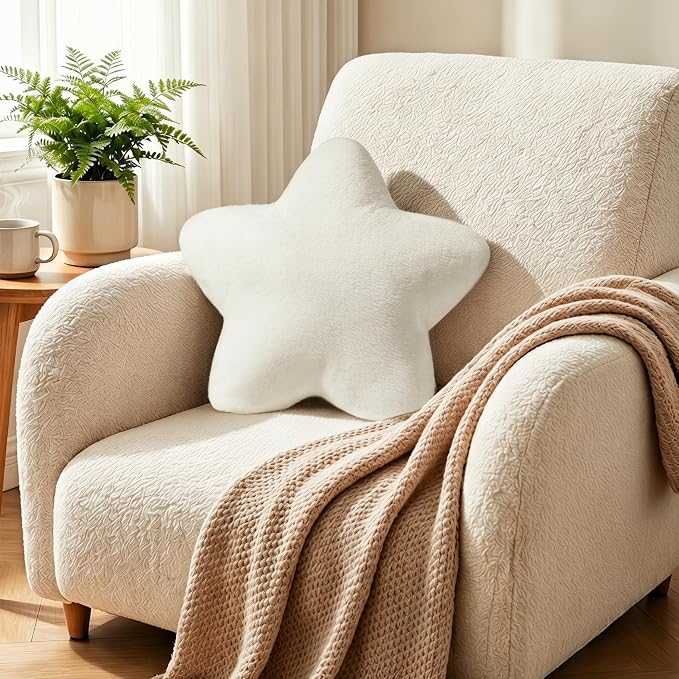 15.4 Inch Star Pillow Cute White Fluffy Decorative Throw Pillows for Couch Bed Sofa, Small Aesthetic Soft Floor Cushions for Living Room Bedroom Decor (Cream White, 15.4" x 15.4")