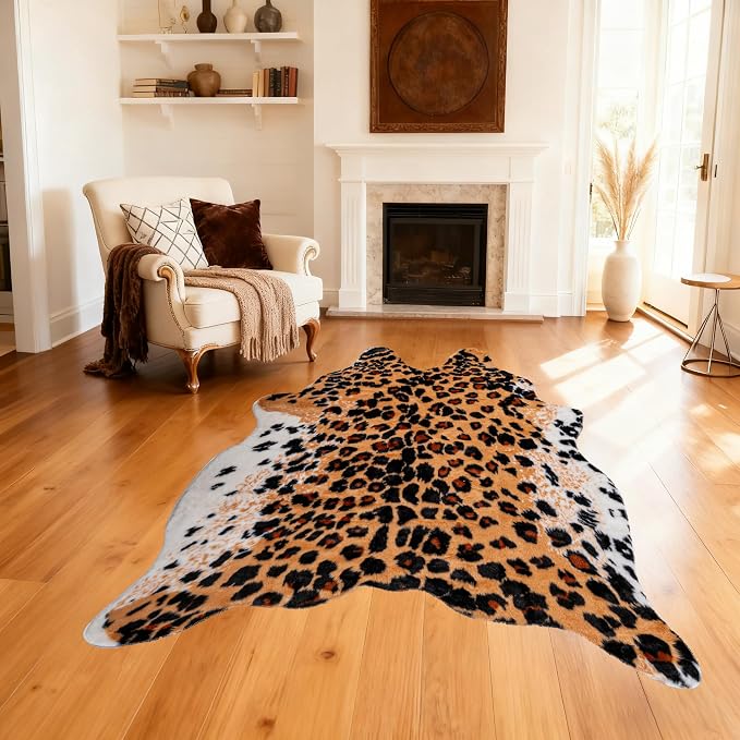 Huichenxing2021FURSTORE Leopard Print Rug, Cheetah Rug 5.3ft x 6.7ft Large Faux Cowhide Skin Mat Animal Print Area Rugs for Living Room Bedroom Nursery Home Office Brown