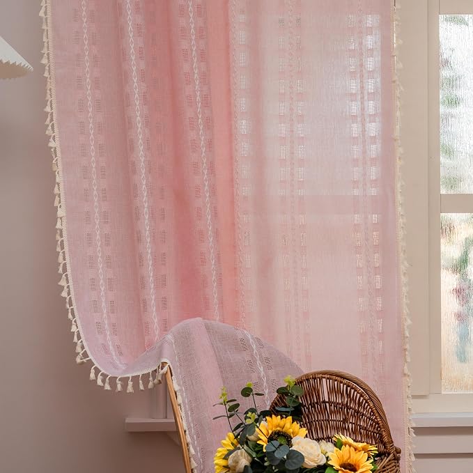 Deeprove Blush Pink Boho Curtain 72 inches Long for Living Room Bedroom Kitchen, Retro Bohemian Sheer Linen 72 inches Length 6 FT Striped Embroidery Privacy Window Tassel Decor W52 x L72, 1 Panel