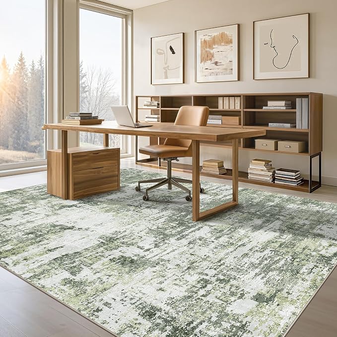 Tortania Area Rug Living Room Rugs - 9x12 Modern Abstract Neutral Large Soft Thin Rugs - Non Slip Indoor Carpet for Bedroom Dining Room Office Nursery Home Floor Decoration - Green
