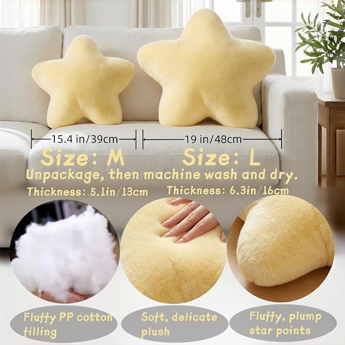 19" Yellow Star Shaped Pillow Large Cute Soft Throw Pillows for Women Teens | Faux Plush, Fill with Fluffy PP cotton, Aesthetic Decorative Throw Pillowfor Couch Bed Bedroom Room Decor, Floor Cushions