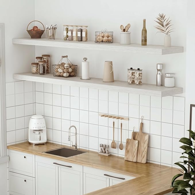 Vivelove 12" Deep Floating Shelves with Invisible Brackets, 72" Wall Shelves for Bathroom Bedroom Kitchen Living Room Laundry Room, Modern Rustic Shelves for Home, 72"x12"x2", Set of 1, White Birch