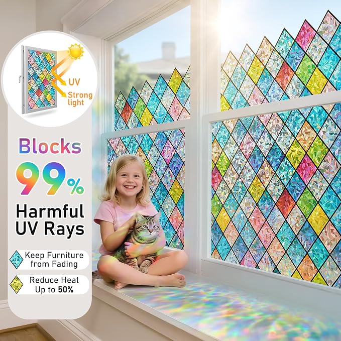 Sunbaby Window Privacy Film Stained Glass Decorative Rainbow Window Cling 3D Static Clings Colorful for Home Decoration, Anti-UV & Heat Control Non-Adhesive (35.4"x78.7")