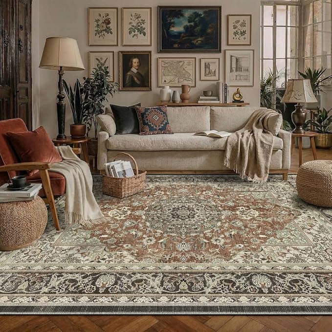 3x5 Area Rug for Living Room-Vintage Farmhouse Boho Floral Neutral Washable Stain Resistant Indoor Carpet for Bedroom Office and Home Decor(Brick&Brown)