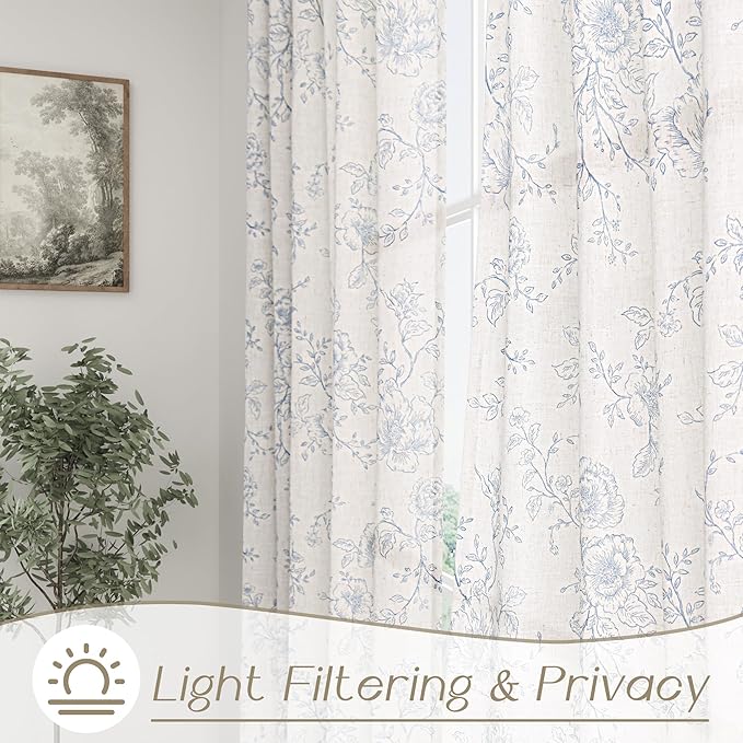 Blue Floral Curtains 63 inch Length Back Tab Farmhouser Living Room Light Filtering Curtains Blue Pattern Print on Cream White Linen Curtain Panel Minimalist Aesthetic Sketch Style Vintage Room Decor