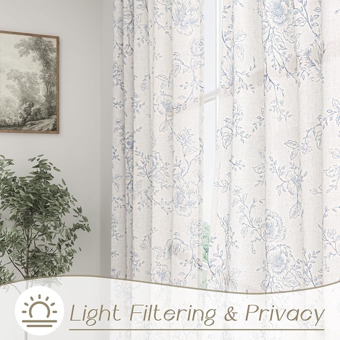 Blue Floral Curtains 84 inch Length Back Tab Farmhouser Living Room Light Filtering Curtains Blue Pattern Print on Cream White Linen Curtain Panel Minimalist Aesthetic Sketch Style Vintage Room Decor