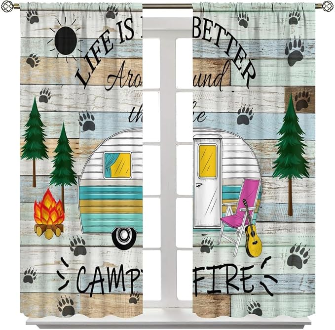 Camping Blackout Curtains Vintage Rustic Cabin Camping Drapes Farmhouse Style Camping Wooden Windows Treatments Rod Pocket Drapes for Kitchen Farm Living Room Bedroom 84x84in