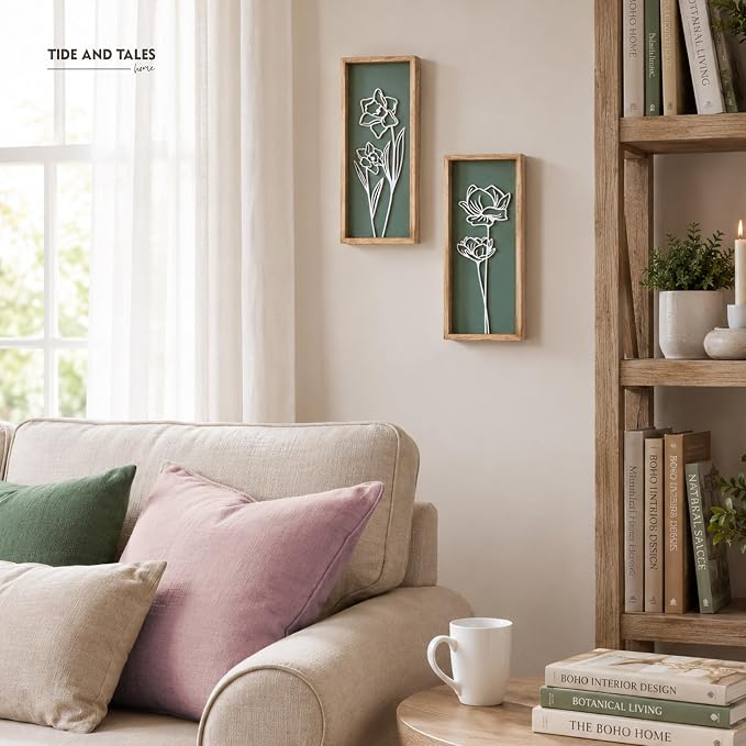 3D Floral Green Wall Art (Set of 2) Lightweight, Wooden Ready-to-Hang Boho Framed Wall Art for Bathroom, Bedroom, Living Room or Office – Premium Sage Green Farmhouse Decor – Gift-Boxed