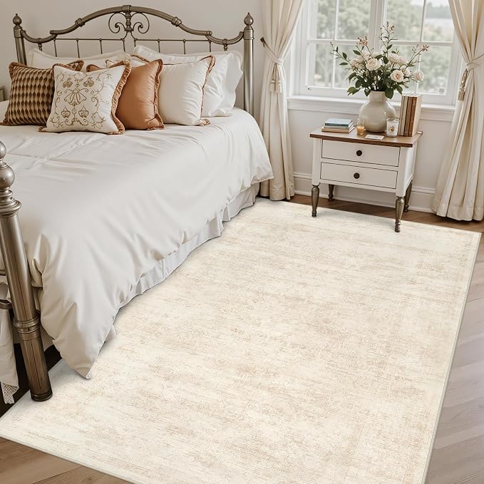 4x6 Area Rugs for Living Room: Vintage Boho Neutral Washable Rug Indoor Soft Large Area Rug Carpet for Bedroom Nursery Farmhouse Dining Room Office Floor Non-Slip Low Pile Under Table Rug Retro Beige