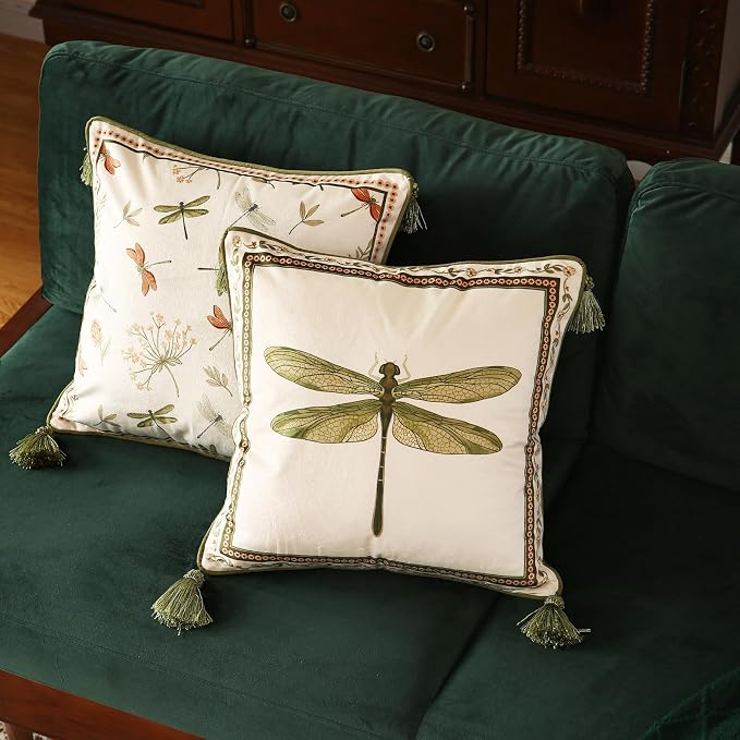 ISAENNE Designer Vintage French Velvet Throw Pillow Cover,18"x18"-Grace C | Pillow Cover,Concealed Zipper Design,Dragonfly Pattern,Sofas,Bedroom,Living Room,Lounge Chairs,All Season Home Decor