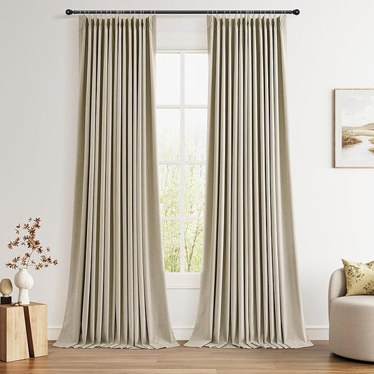 Joywell Sand Pinch Pleat 100% Blackout Linen Curtains 102 Inch 2 Panels Insulated Thermal Full Blackout Drapes for Bedroom Living Room Darkening Cottage Farmhouse Pinch Pleated Linen Curtains 40x102