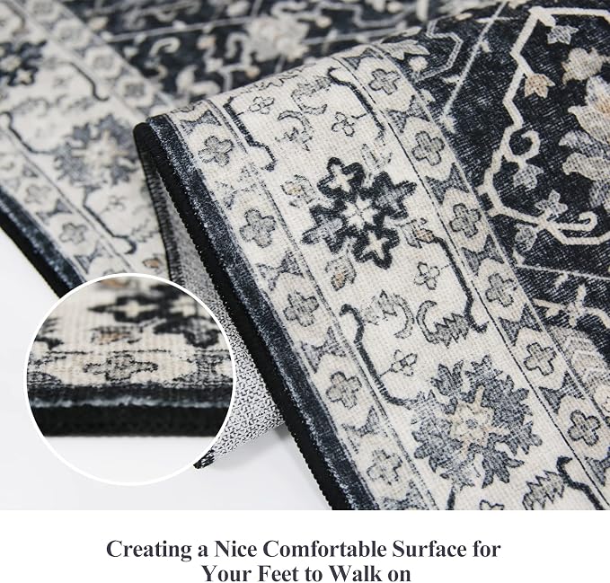 Hallway Washable Runner Rug - 2x10 Kitchen Rugs Entryway Rug Runner Vintage Soft Floor Mat Non Slip Indoor Farmhouse Carpet for Bathroom Living Room Bedroom(2 X 10, Black)