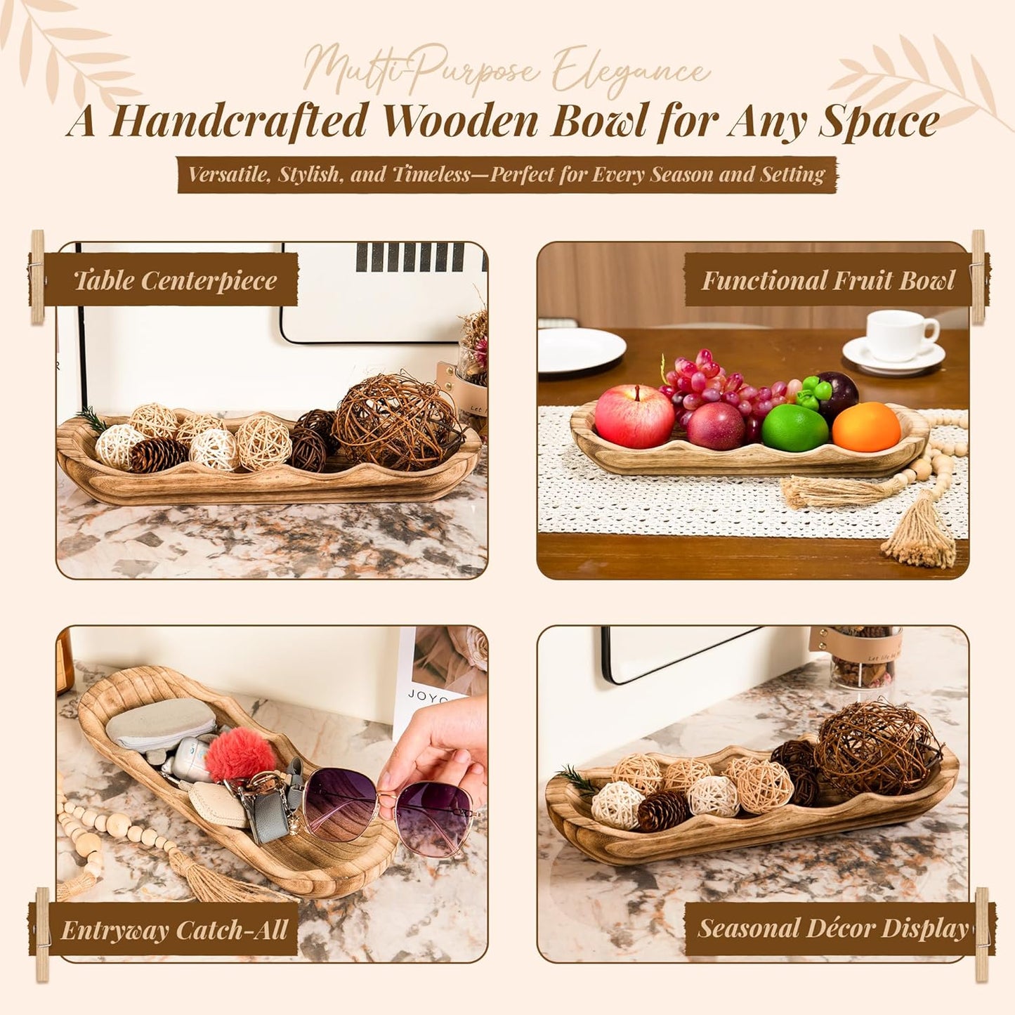 Wavy Edge Wooden Dough Bowl for Decor 16"L Lightweight Paulownia Wood Hand Carved Decorative Wooden Farmhouse Fruit Bowl Handmade, Home Decoration Centerpiece, Table Display Bowl