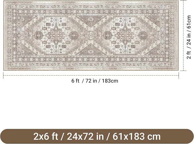 befbee Washable Runner Rug 2x6 Hallway Runner Rug Ultra-Thin Kitchen Rug Non Slip Indoor Floor Foldable Carpet with Low Pile for Entryway Bathroom Laundry Room Living Room(Brown/Beige,2'x6')
