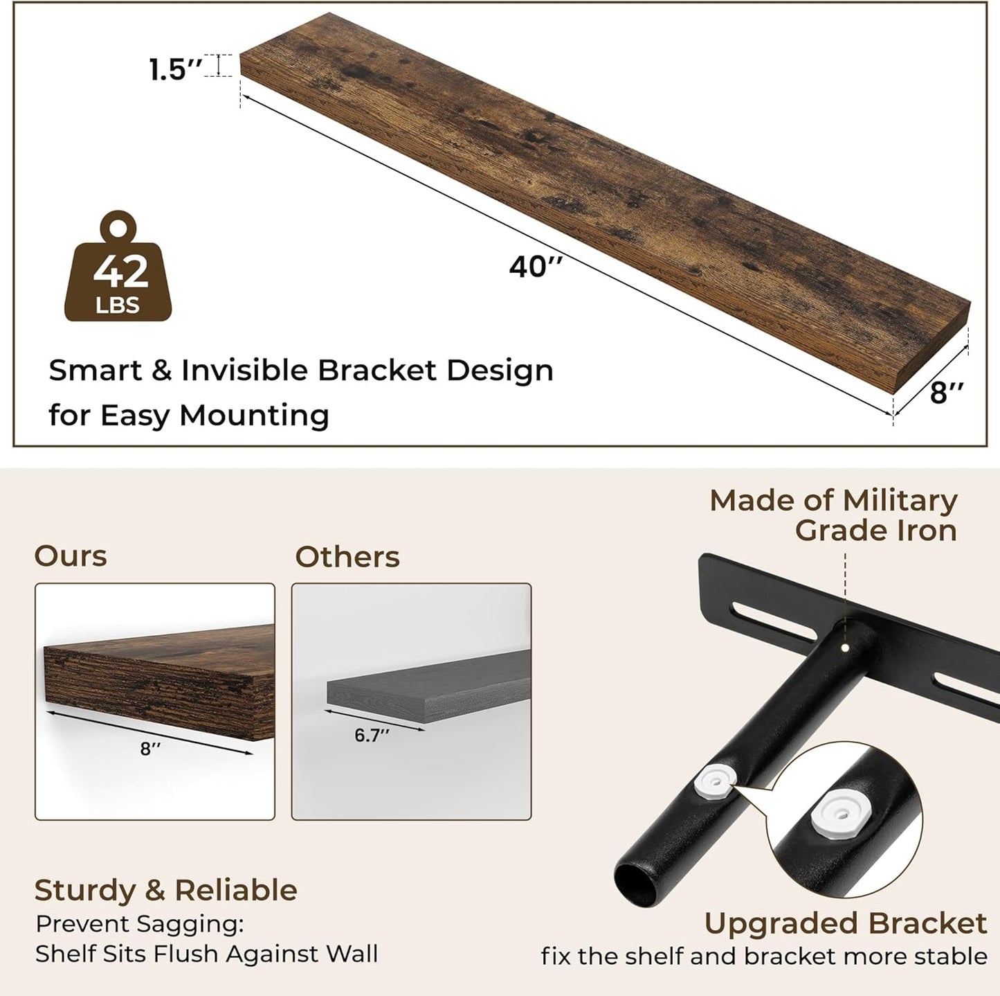 RICHFOCUS 40Inch Floating Shelves for Wall 2 Pack Shelves for Bedroom|Kitchen|Bathroom Wall Mounted Rustic Wood Floating Shelf with Invisible Brackets for Books|Storage|Decor, Rustic Brown