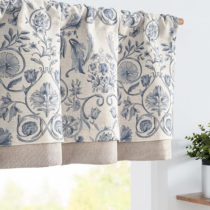 jinchan Linen Valance Kitchen Curtain Pack of 2 Double Layer 16 Inch for Living Room Bedroom Window Treatment Light Filtering Vintage Farmhouse Cottagecore Rod Pocket 2 Panels Blue on Beige