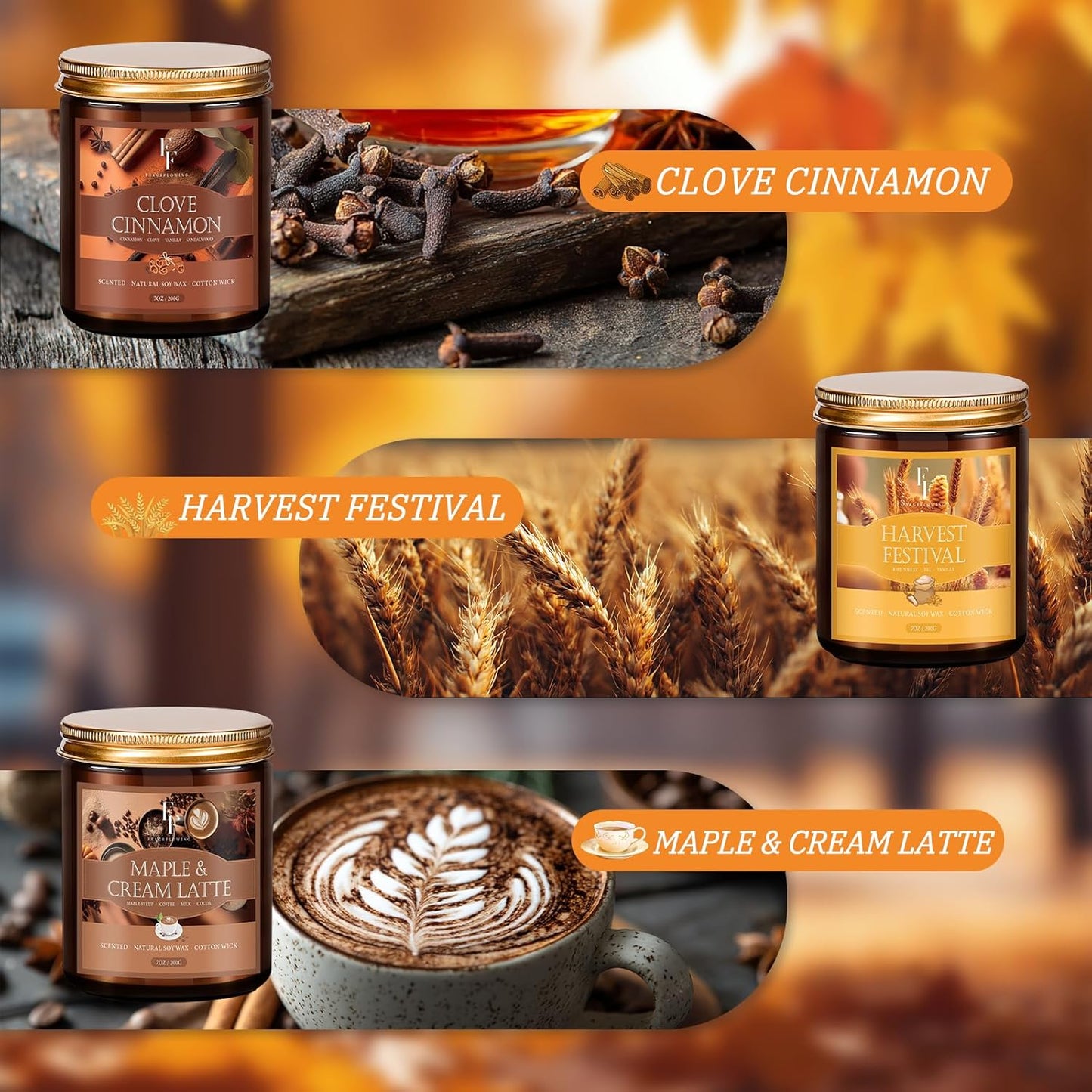 Fall Candles Set, 6 Pack Candles for Home Scented Natural Soy Wax, Autumn Gifts Set for Women Men, Fall Fragrance of Pumpkin/Cinnamon/Vanilla Cupcake/Apple/Harvest/Latte