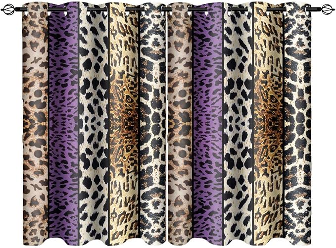Wild Animal Print Curtain, Room Darkening Thermal Insulated Blackout Leopard Boa Window Drapes with Grommets for Living, Dining, Bedroom, Purple Leopard Print, 52"x 36", 2 Panels