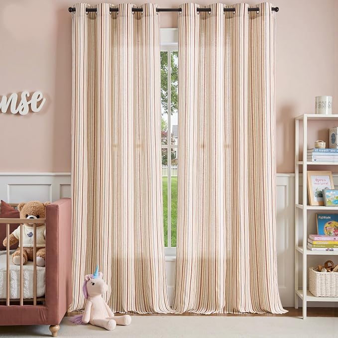 jinchan Linen Curtains 96 inch Red Stripe for Kids Room Grommet 2 Panels | Kids Curtains for Nursery Living Room Bedroom Baby Boys Room,Cute Colorful Ticking Stripe,Cottagecore Rustic,Light Filtering