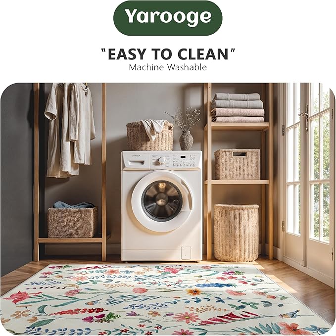 5x7 Area Rugs, Floral Washable Rugs for Living Room, Dining Room, Non-Slip Non Shedding Low Pile Home Decor Durable Bedroom Rug(Beige Floral)