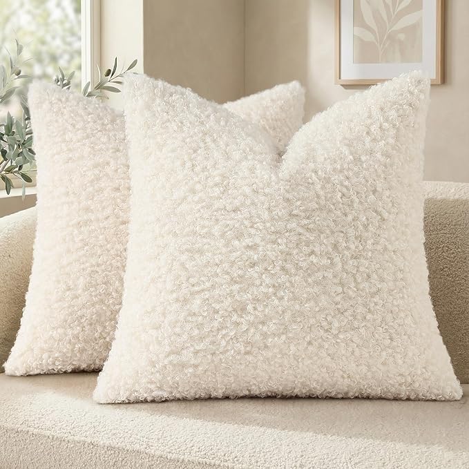 decorUhome Pack of 2 Throw Pillow Covers 16x16 Inch, Faux Fur Decorative Sherpa Pillow Covers Fuzzy Accent Soft Sheepskin Fleece Pillow Cases for Couch Living Room Bed, Neutral Cream
