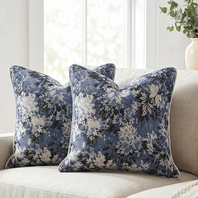 Vintage Floral Throw Pillow Covers 20x20 Inches Set of 2 Boho Farmhouse Pillow Cases Premium Chenille Textured Decorative Cushion Covers for Couch Retro Garden Farmhouse Style Blue